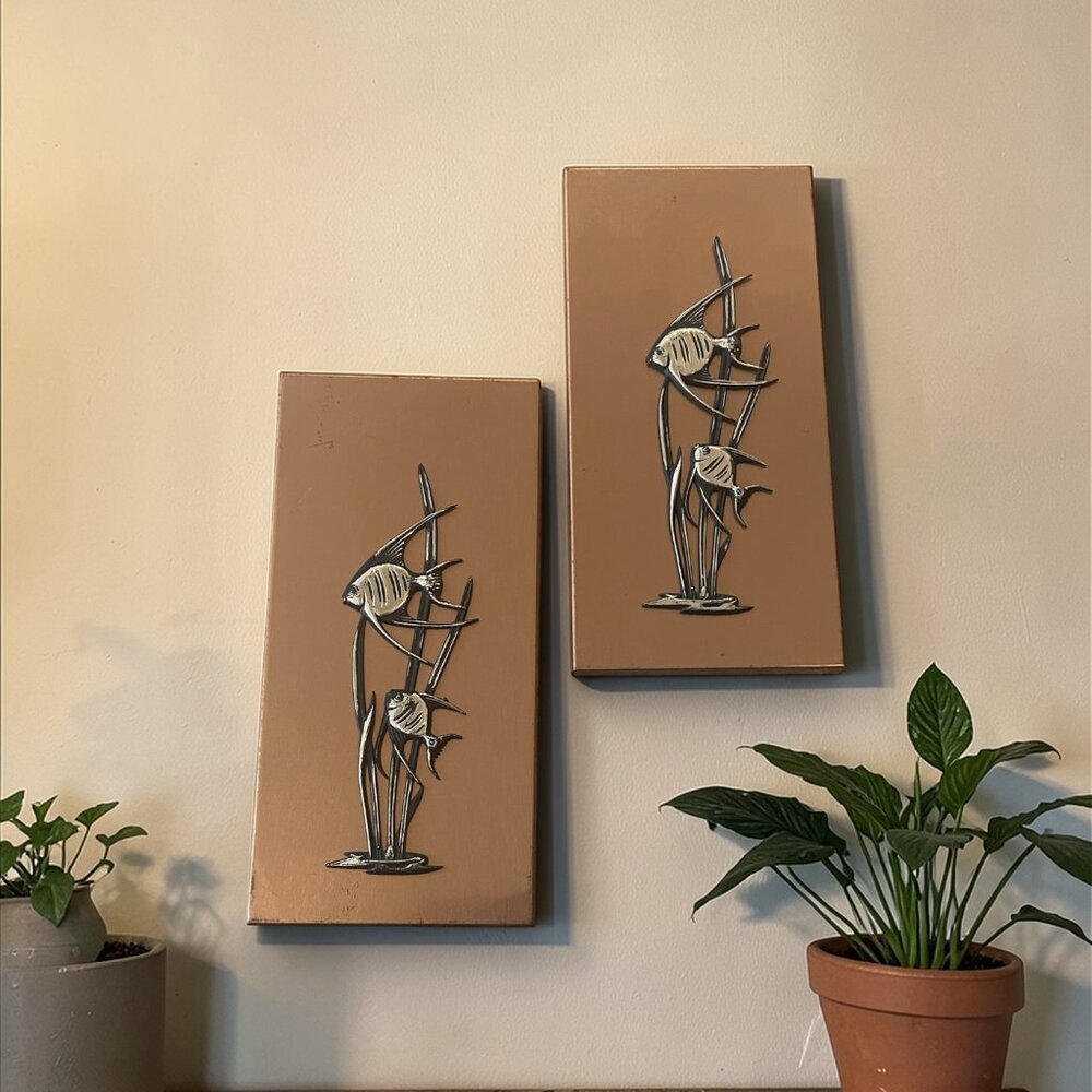 Vintage 70s Copper Wall Art Fish Nautical MCM Relief Plaques Mid Century Decor‎